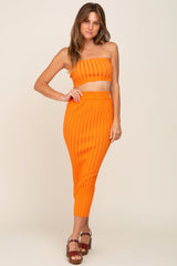 Orange Ribbed Strapless Two Piece Skirt Set