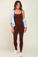 Brown Ribbed Sleeveless Jumpsuit