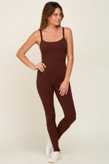 Brown Ribbed Sleeveless Jumpsuit