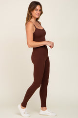 Brown Ribbed Sleeveless Jumpsuit