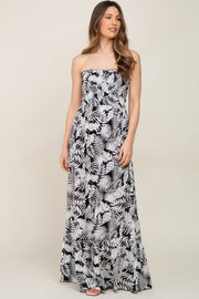 Black Leaf Print Smocked Strapless Maternity Maxi Dress