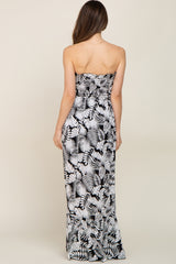 Black Leaf Print Smocked Strapless Maternity Maxi Dress