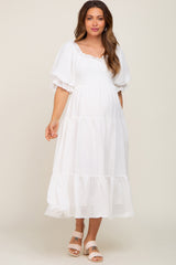 White Smocked Puff Sleeve Maternity Midi Dress