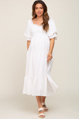 White Smocked Puff Sleeve Maternity Midi Dress