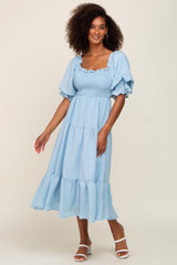 Light Blue Smocked Puff Sleeve Maternity Midi Dress