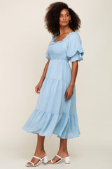 Light Blue Smocked Puff Sleeve Midi Dress