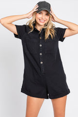 Black Denim Button Front Short Sleeve Romper