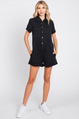 Black Denim Button Front Short Sleeve Romper