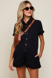 Black Denim Button Front Short Sleeve Maternity Romper