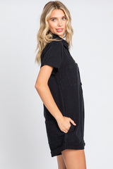 Black Denim Button Front Short Sleeve Romper