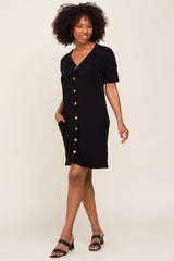 Black Button Accent Short Sleeve Dress