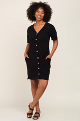 Black Button Accent Short Sleeve Dress