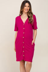 Magenta Button Accent Short Sleeve Maternity Dress