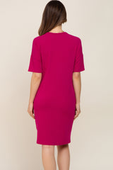 Magenta Button Accent Short Sleeve Maternity Dress