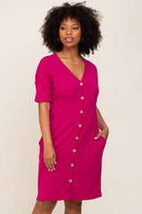 Magenta Button Accent Short Sleeve Dress