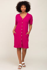 Magenta Button Accent Short Sleeve Maternity Dress