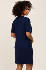 Navy Button Accent Short Sleeve Dress