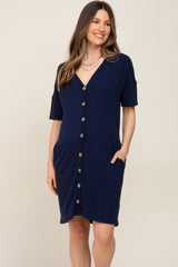 Navy Button Accent Short Sleeve Maternity Dress