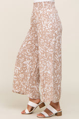 Taupe Leaf Print Wide Leg Pants