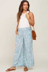 Light Blue Leaf Print Wide Leg Maternity Pants