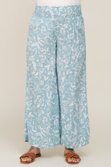 Light Blue Leaf Print Wide Leg Maternity Pants