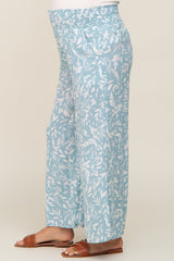 Light Blue Leaf Print Wide Leg Maternity Pants