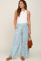 Light Blue Leaf Print Wide Leg Maternity Pants