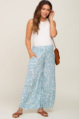 Light Blue Leaf Print Wide Leg Maternity Pants