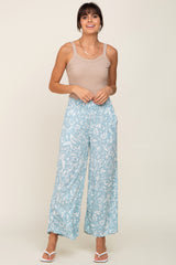 Light Blue Leaf Print Wide Leg Maternity Pants