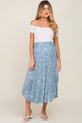 Blue Floral Smocked Round Hem Maternity Midi Skirt