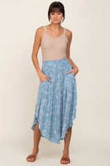 Blue Floral Smocked Round Hem Maternity Midi Skirt