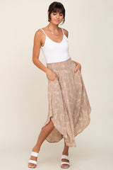 Taupe Floral Smocked Round Hem Maternity Midi Skirt