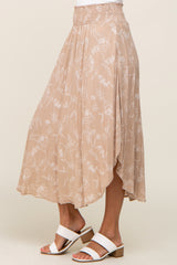 Taupe Floral Smocked Round Hem Midi Skirt