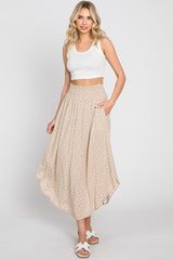 Beige Leaf Print Smocked Maternity Midi Skirt