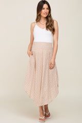 Beige Leaf Print Smocked Maternity Midi Skirt