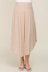 Beige Leaf Print Smocked Maternity Midi Skirt