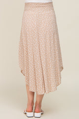 Beige Leaf Print Smocked Maternity Midi Skirt