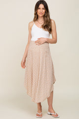 Beige Leaf Print Smocked Maternity Midi Skirt