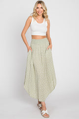 Light Olive Leaf Print Smocked Midi Skirt