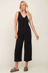 Black Ribbed V-Neck Button Front Crop Jumpsuit