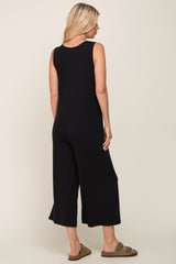 Black Ribbed V-Neck Button Front Crop Jumpsuit