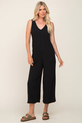 Black Ribbed V-Neck Button Front Crop Jumpsuit