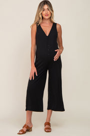 Black Ribbed V-Neck Button Front Crop Maternity Jumpsuit