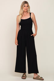 Black Smocked Square Neck Sleeveless Linen Jumpsuit