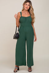 Green Smocked Square Neck Sleeveless Linen Maternity Jumpsuit