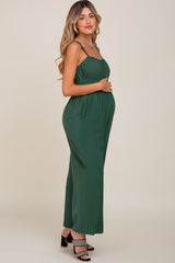 Green Smocked Square Neck Sleeveless Linen Maternity Jumpsuit