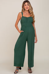 Green Smocked Square Neck Sleeveless Linen Maternity Jumpsuit