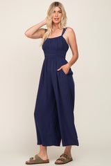 Navy Blue Smocked Square Neck Sleeveless Linen Jumpsuit