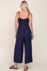 Navy Blue Smocked Square Neck Sleeveless Linen Jumpsuit