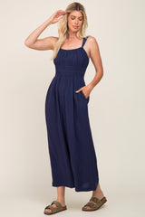 Navy Blue Smocked Square Neck Sleeveless Linen Jumpsuit